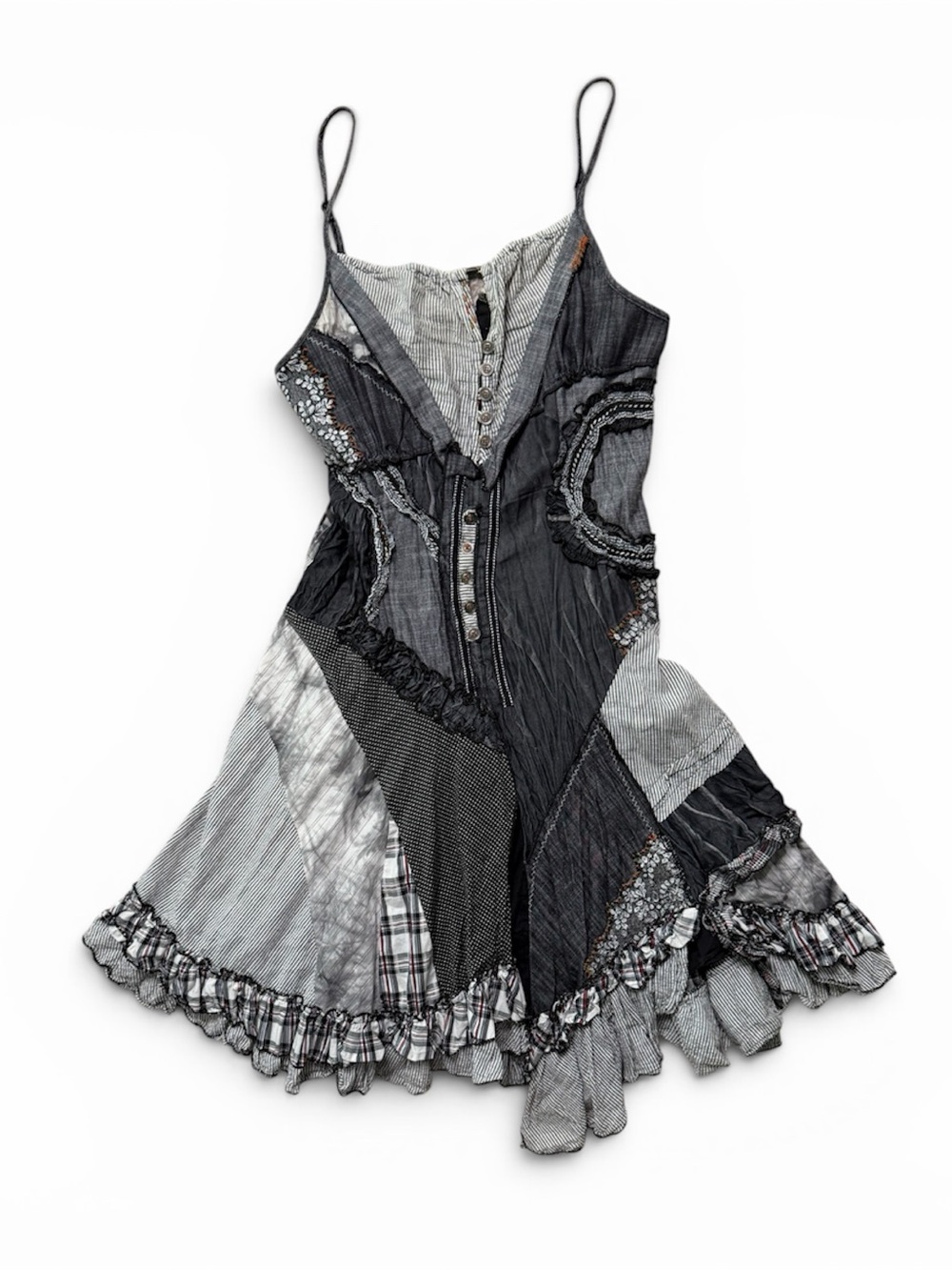 Lissa Vintage Y2K Patchwork Mini Dress Boho Grunge Ruffle